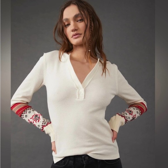 Free People Tops - Free People Cream Long Sleeve Top with Red Accents